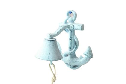 Dark Blue Whitewashed Cast Iron Wall Mounted Anchor Bell 8""