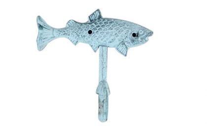 Dark Blue Whitewashed Cast Iron Fish Key Hook 6""