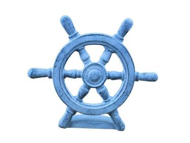 Dark Blue Whitewashed Cast Iron Ship Wheel Door Stopper 9""