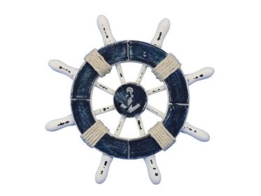 Rustic Dark Blue and White Decorative Ship Wheel With Anchor 6""