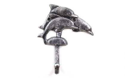 Rustic Silver Cast Iron Dolphins Wall Hook 6""