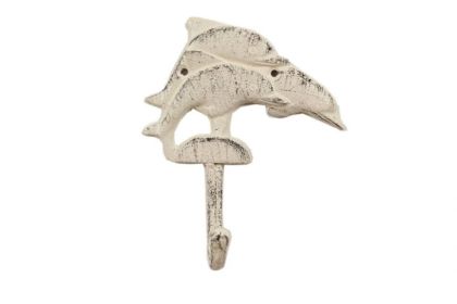 Whitewashed Cast Iron Dolphins Wall Hook 6""