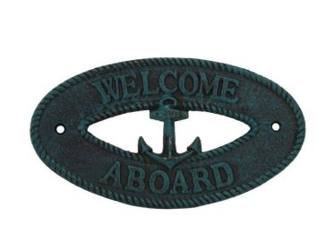 Seaworn Blue Cast Iron Welcome Aboard with Anchor Sign 8""