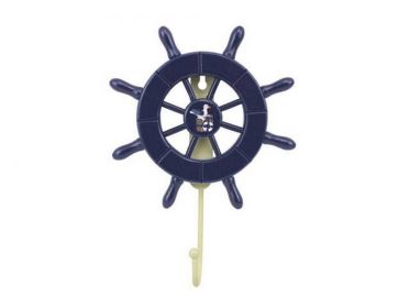 Dark Blue Decorative Ship Wheel with Seagull and Hook 8""
