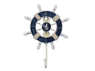 Rustic Dark Blue and White Decorative Ship Wheel With Seagull and Hook 8"