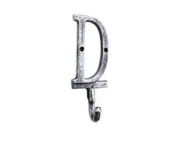 Rustic Silver Cast Iron Letter D Alphabet Wall Hook 6""
