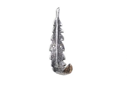 Rustic Silver Cast Iron Decorative Feather Hook 6""