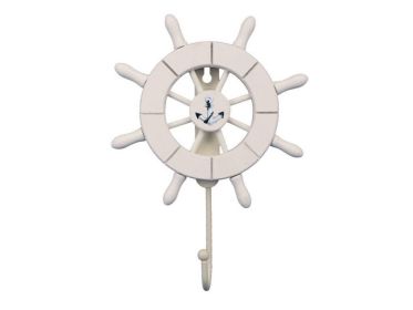White Decorative Ship Wheel with Anchor and Hook 8"