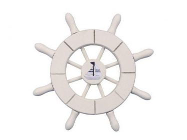 White Decorative Ship Wheel With Sailboat 6"