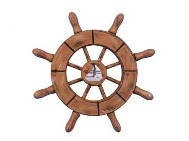 Rustic Wood Finish Decorative Ship Wheel With Sailboat 6"