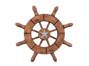 Rustic Wood Finish Decorative Ship Wheel With Starfish 6""