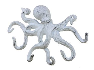 Rustic Whitewashed Cast Iron Octopus Hook 11"