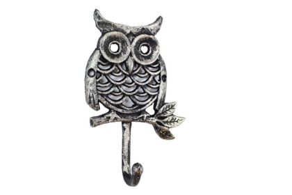 Rustic Silver Cast Iron Owl Hook 6""