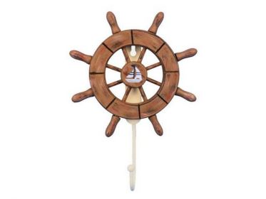 Rustic Wood Finish Decorative Ship Wheel with Sailboat and Hook 8""