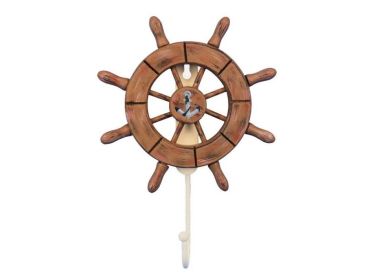 Rustic Wood Finish Decorative Ship Wheel with Anchor and Hook 8""