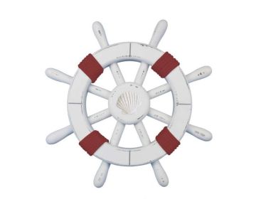 Rustic White Decorative Ship Wheel with Red Rope and Seashell 12""