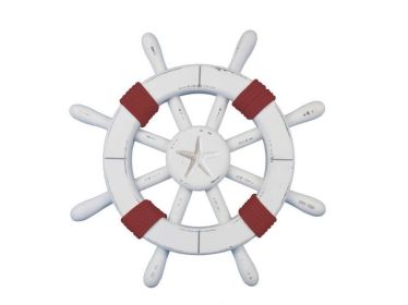 Rustic White Decorative Ship Wheel with Red Rope and starfish 12""