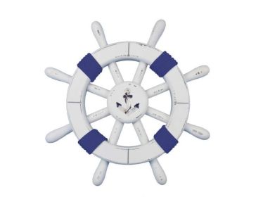 Rustic White Decorative Ship Wheel with Dark Blue Rope and Anchor 12""