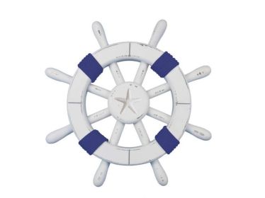 Rustic White Decorative Ship Wheel with Dark Blue Rope and Starfish 12""