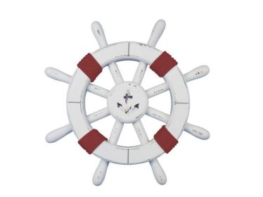 Rustic White Decorative Ship Wheel with Red Rope and anchor 12""
