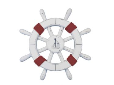 Rustic White Decorative Ship Wheel with Red Rope and sailboat 12""