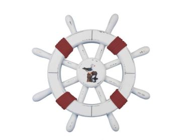 Rustic White Decorative Ship Wheel with Red Rope and seagull 12""