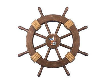Rustic Wood Finish Decorative Ship Wheel with Seagull and Lifering 18""