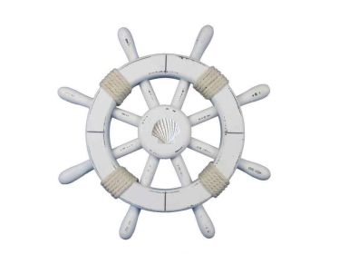 Rustic White Decorative Ship Wheel With Seshell 12""