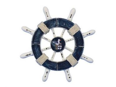 Rustic Dark Blue and White Decorative Ship Wheel With Seagull 6"