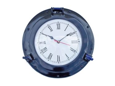 Brass Deluxe Class Porthole Clock - Dark Blue (size: 12"")