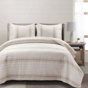 King Size 3 Piece Stripe Reversible Cotton Quilt Set (Color: Beige White)