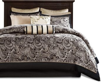 King 12 Piece Cotton Polyester Comforter Set (Color: Black Gold Paisley)