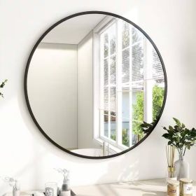 Round 24-inch Circular Bathroom Wall Mirror with Frame (Color: Black)