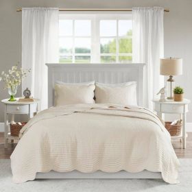 King Size 3 Piece Reversible Scalloped Edges Microfiber Quilt Set in (Color: Cream)