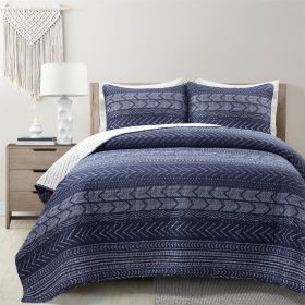 Full/Queen Scandinavian Chevron Reversible Cotton Quilt Set (Color: Navy Blue White)