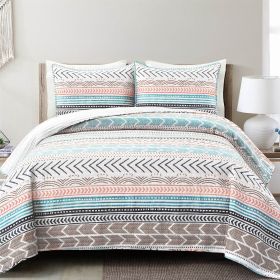 King Scandinavian Reversible Cotton Quilt Set (Color: Chevron Teal White Orange Brown)