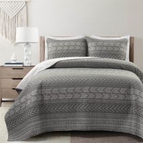 King size Scandinavian Chevron Reversible Cotton Quilt Set (Color: Dark Grey Stripe)
