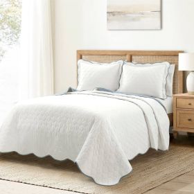 King/Cal King Scalloped Edge Reversible Thin Light Quilt Set (Color: White Blue)