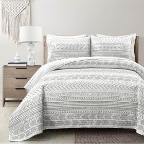 King size Scandinavian Chevron Reversible Cotton Quilt Set (Color: Grey White)