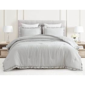 Queen Oversized Ruffled Edge Microfiber Comforter Set (Color: grey)