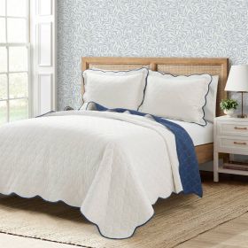 Full/Queen White Scalloped Edge Reversible Thin Light Quilt Set (Color: Navy)