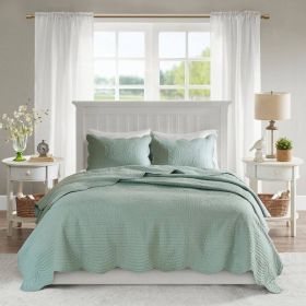 King Size 3 Piece Reversible Scalloped Edges Microfiber Quilt Set in (Color: Seafoam)