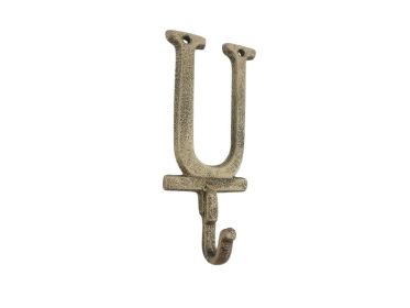 Rustic Gold Cast Iron Letter Alphabet Wall Hook 6"" (Letter: U)