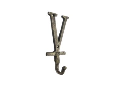 Rustic Gold Cast Iron Letter Alphabet Wall Hook 6"" (Letter: V)