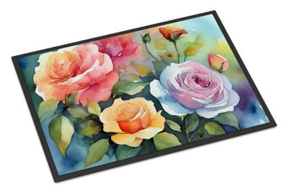 NEW Doormat Front Door Mat Indoor Outdoor Rugs for Entryway, Non Slip Washable Low Pile, 18H X 27W (Option: Roses in Watercolor)