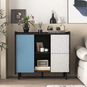 Sideboard Buffet Cabinet, Black Storage Cabinet with Red Doors , 2 Drawers with unique panel styling and 2 Open Storage Compartment (Cabinets: 1, Color: Black+Blue)
