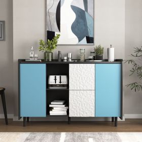 Sideboard Buffet Cabinet, Black Storage Cabinet with Red Doors , 2 Drawers with unique panel styling and 2 Open Storage Compartment (Cabinets: 2, Color: Black+Blue)