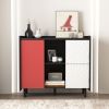 Sideboard Buffet Cabinet, Black Storage Cabinet with Red Doors , 2 Drawers with unique panel styling and 2 Open Storage Compartment