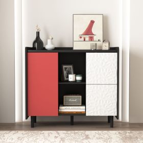 Sideboard Buffet Cabinet, Black Storage Cabinet with Red Doors , 2 Drawers with unique panel styling and 2 Open Storage Compartment (Cabinets: 1, Color: Black+Red)