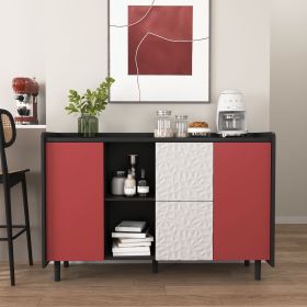 Sideboard Buffet Cabinet, Black Storage Cabinet with Red Doors , 2 Drawers with unique panel styling and 2 Open Storage Compartment (Cabinets: 2, Color: Black+Red)